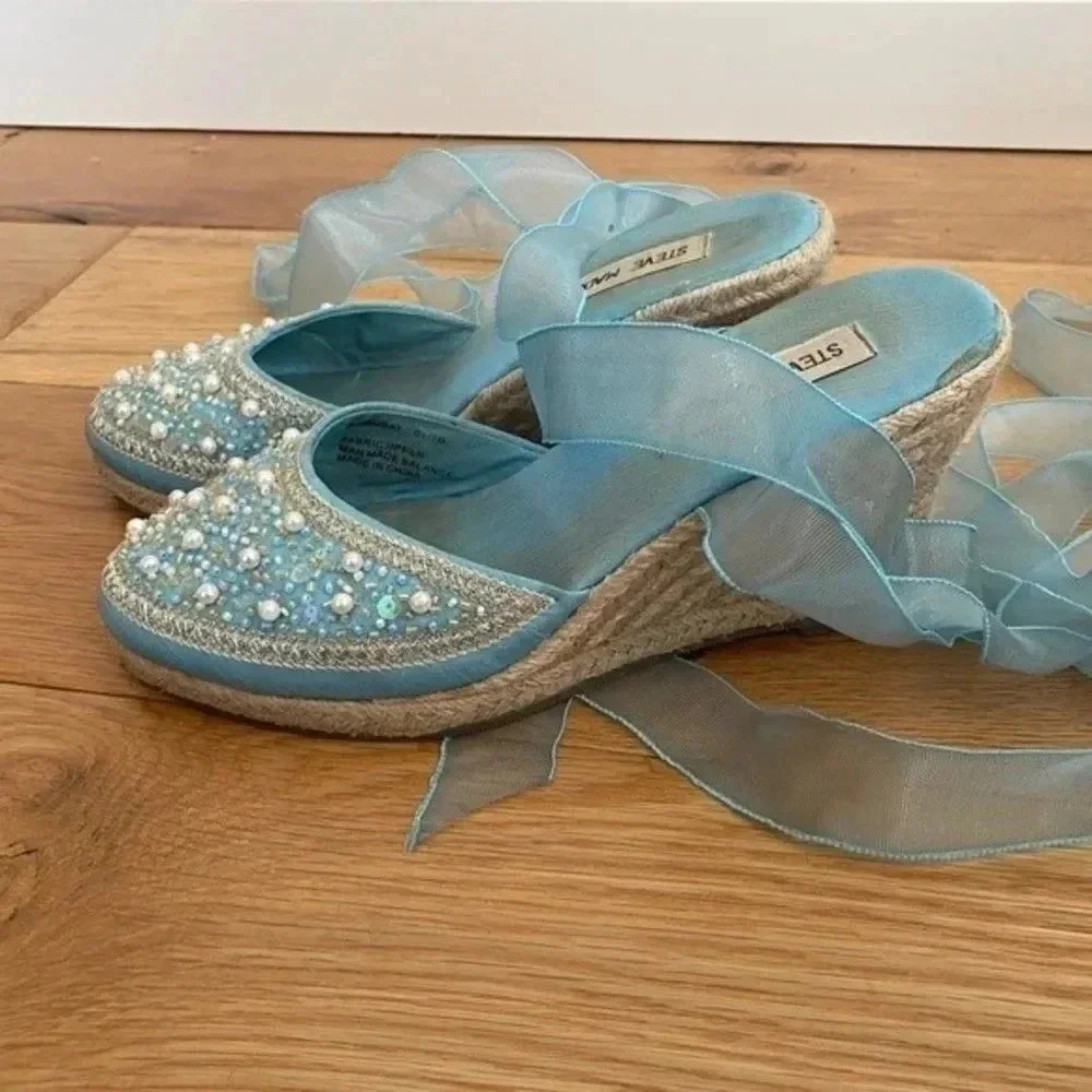 Steve Madden Blue Beaded Espadrilles Tie Up Wedges - Picture 12 of 15